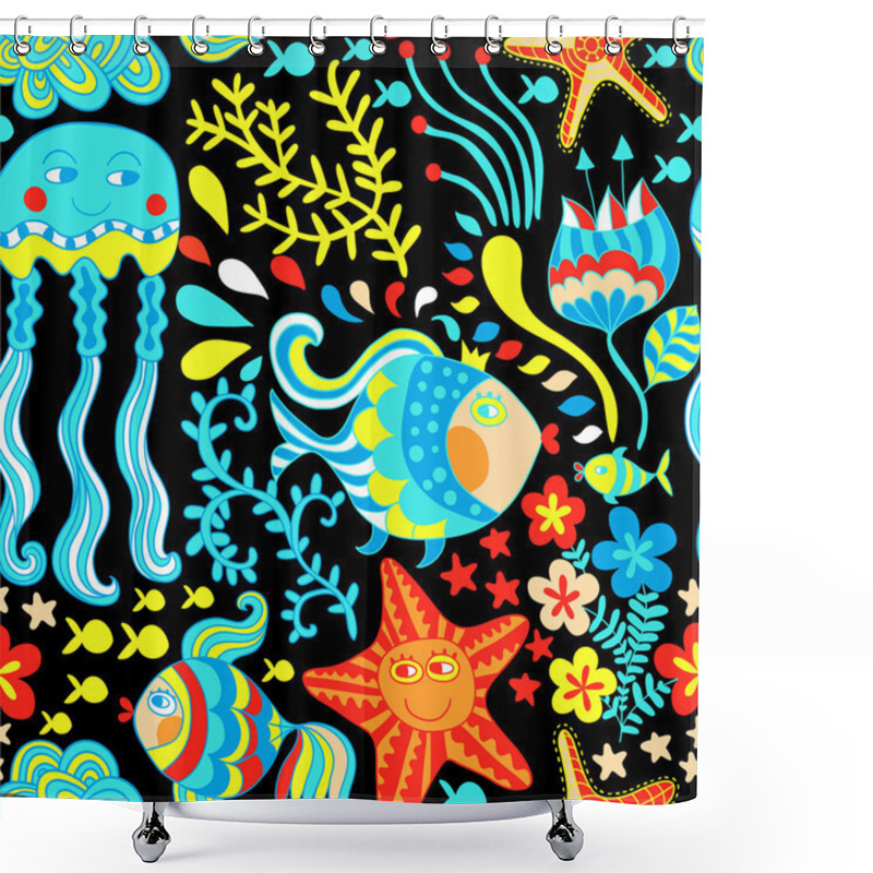 Personality  Cartoon Set With Sea Live, Set. Copy That Square To The Side An Shower Curtains