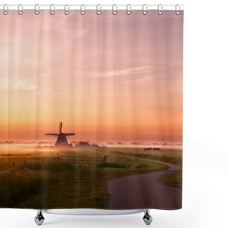 Personality  Windmill And Horses On Pasture At Sunrise Shower Curtains