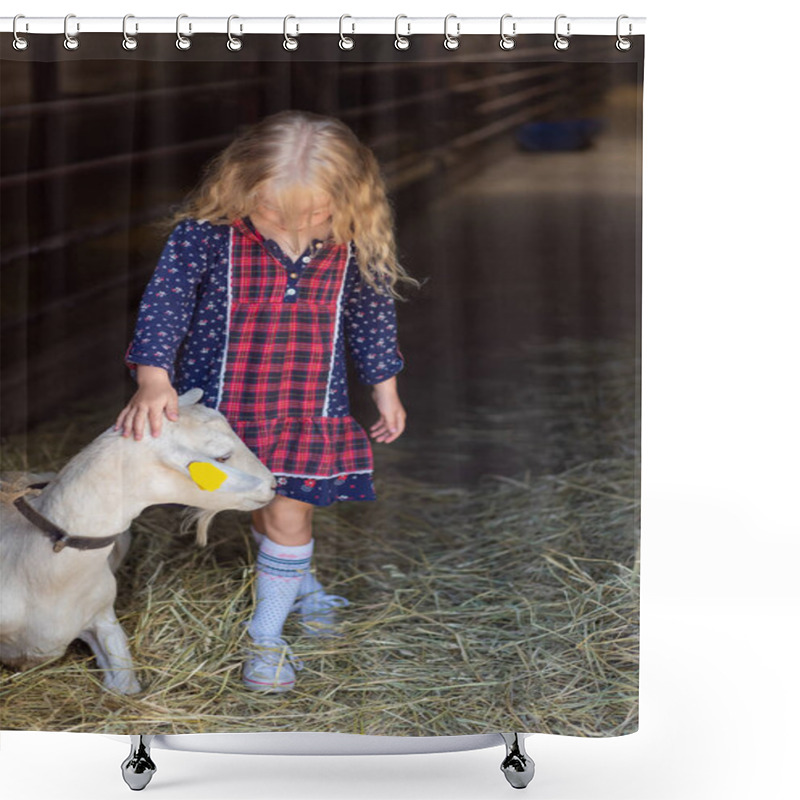 Personality  Pre-adolescent Child Palming Goat At Farm Shower Curtains