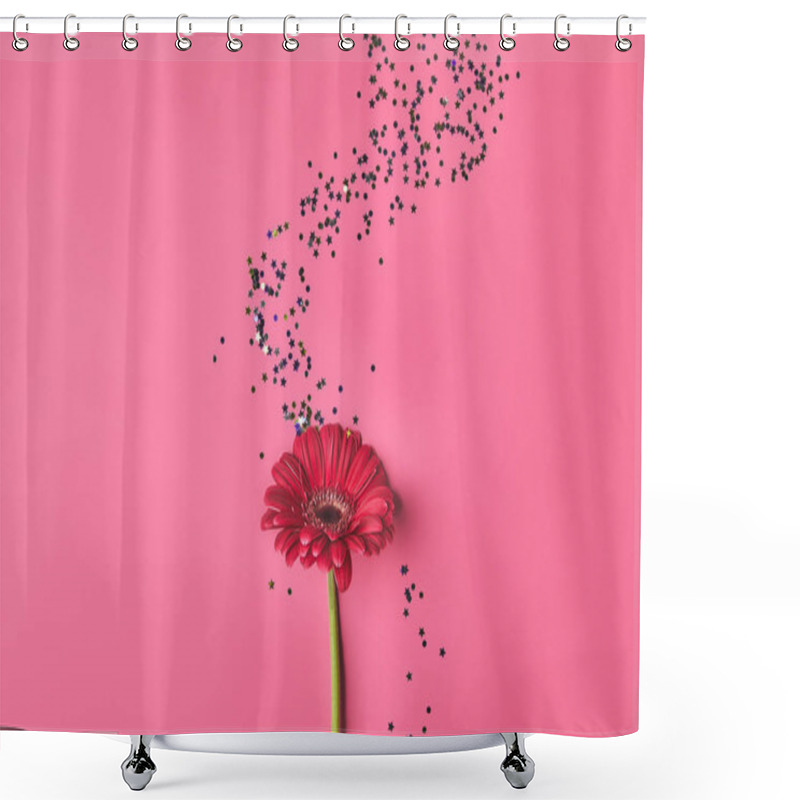 Personality  Top View Of Gerbera Flower With Composition Of Flowing Sprinkles On Pink, Mothers Day Concept Shower Curtains