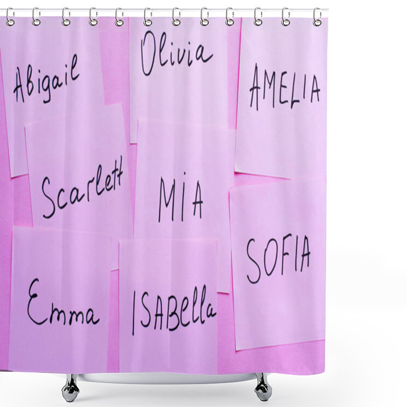 Personality  Top View Of Sticky Notes With Different Female Names On Violet Background Shower Curtains