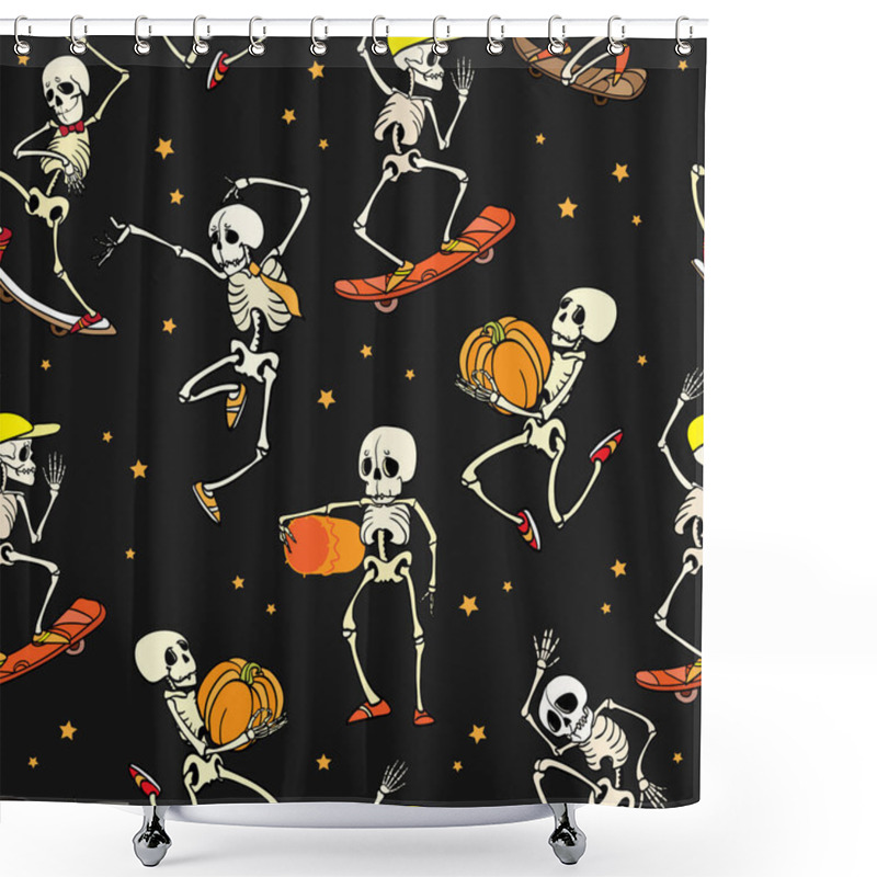 Personality  Vector Dancing And Skateboarding Skeletons Haloween Repeat Pattern Background. Great For Spooky Fun Party Themed Fabric, Gifts, Giftwrap. Shower Curtains