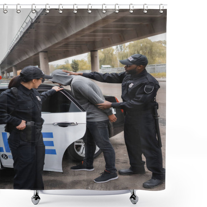 Personality  African American Policeman Arresting Hooded Offender Near Colleague And Patrol Car On Urban Street Shower Curtains