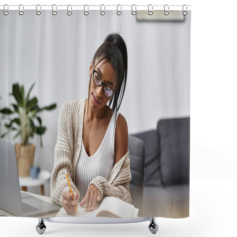 Personality  In A Cozy Home Setting, A Young Woman Focuses On Her Studies, Jotting Notes In Her Notebook. Shower Curtains