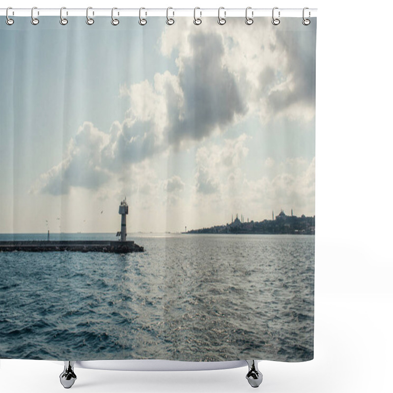 Personality  Lighthouse On Pier In Sea And Cloudy Sky At Background In Istanbul, Turkey  Shower Curtains