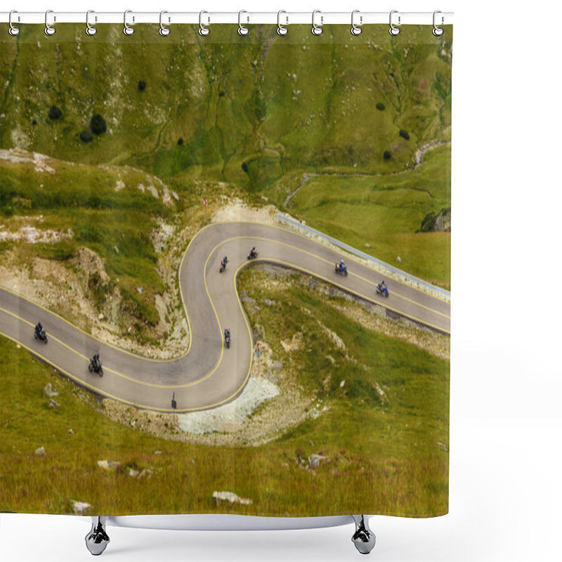 Personality  Bikers Going Down The Beautiful Serpentines Of The  Transalpina Road In Romania - The Highest Mountain Road In The Carpathians Located In The Parang Mountains Shower Curtains