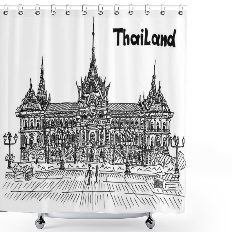 Personality  Thailand Royal Palace Sight Seeing Postcard In Sketch Style Vect Shower Curtains