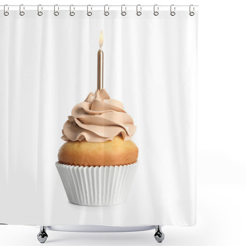 Personality  Delicious Birthday Cupcake With Candle On White Background Shower Curtains