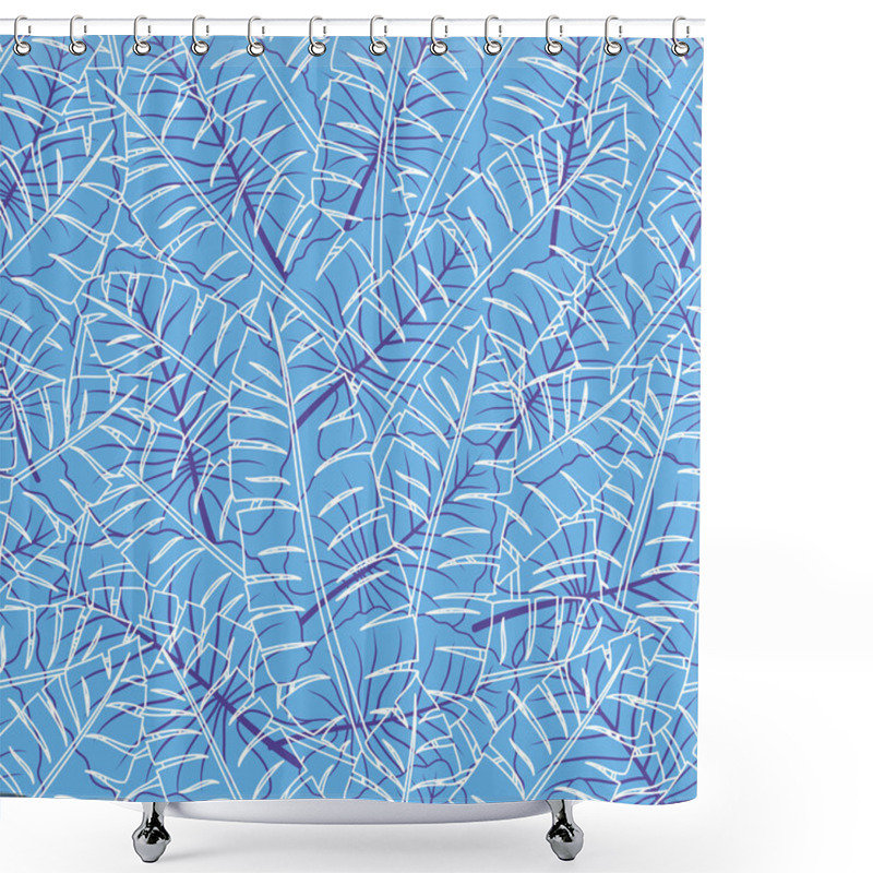 Personality  Seamless Pattern With Contour Lines Of Tropical Leaves On A Blue Background. Shower Curtains