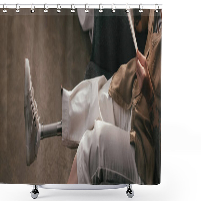 Personality  Cropped View Of Woman With Leg Prosthesis Reading Newspaper In Armchair, Panoramic Shot Shower Curtains