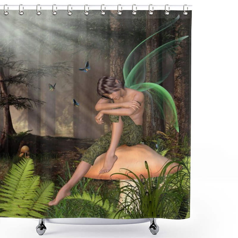 Personality  Woodland Fairy Boy Sitting On A Toadstool Shower Curtains