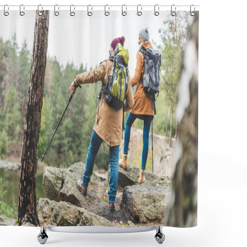 Personality  Couple Trekking In Forest Shower Curtains