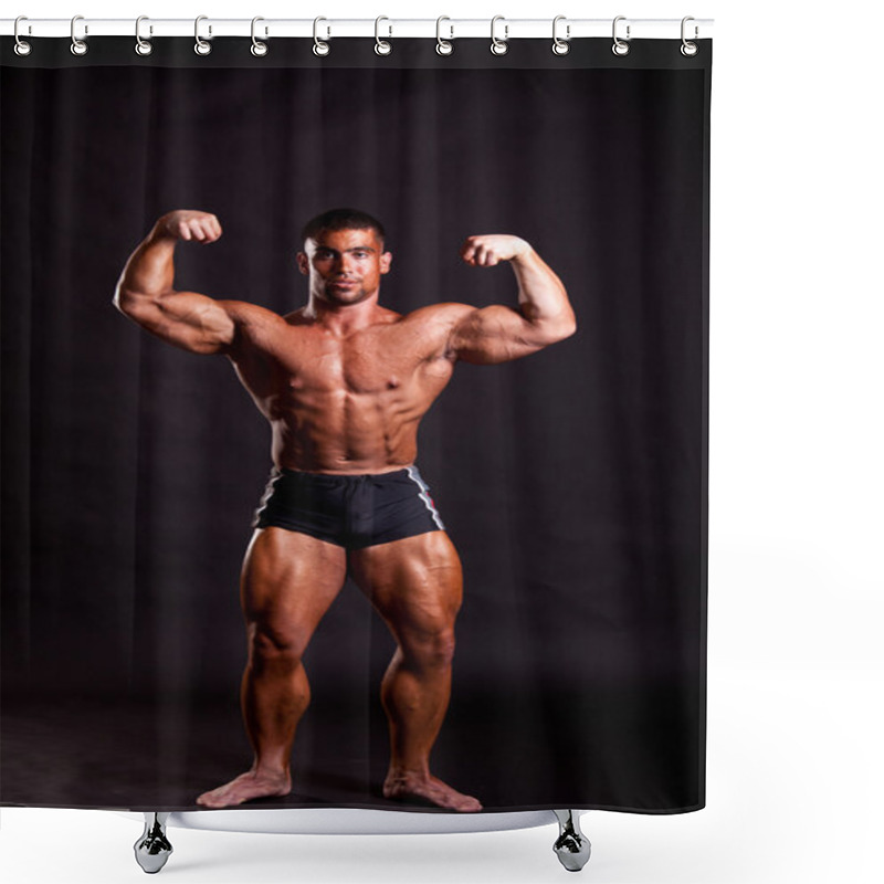 Personality  Young Bodybuilder Posing Shower Curtains