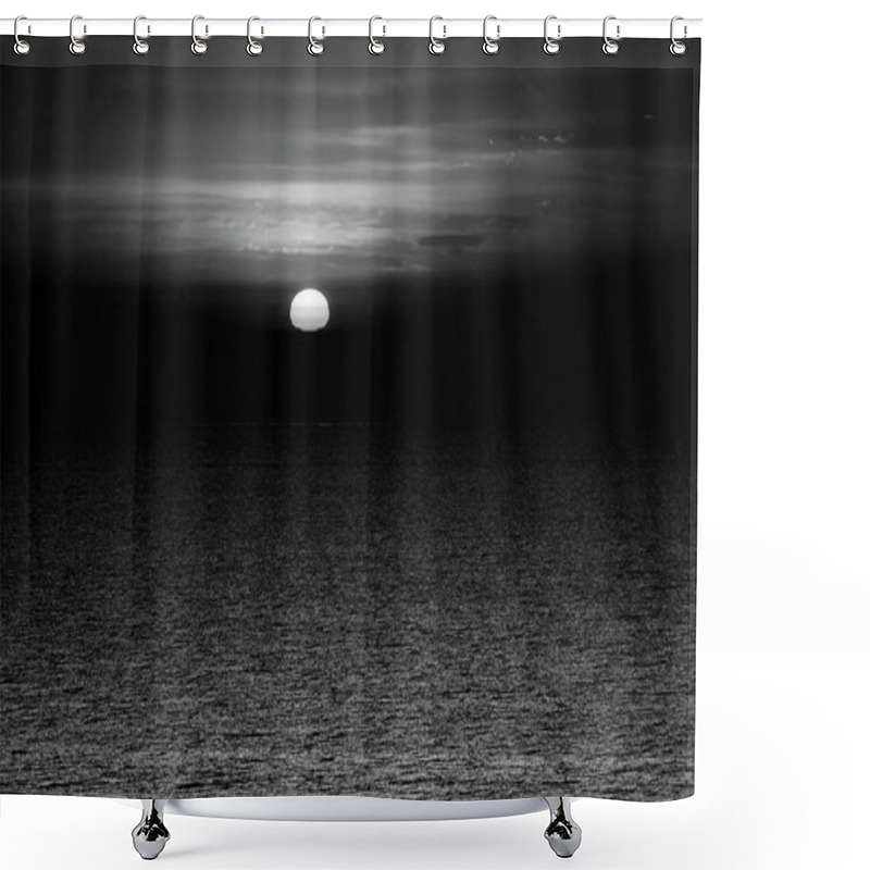 Personality  Minimalistic Landscape With Rising Sun. Black And White Photo. Dark Morning Melancholy Seascape Shower Curtains