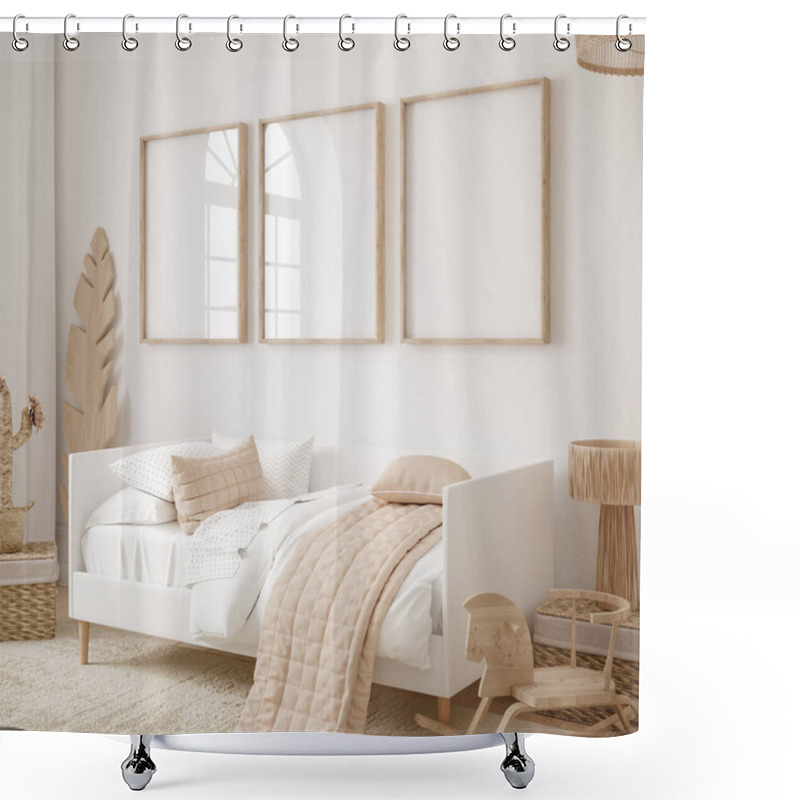 Personality  Mock Up Frame In Children Room With Natural Wooden Furniture, Farmhouse Style Interior Background, 3D Render Shower Curtains