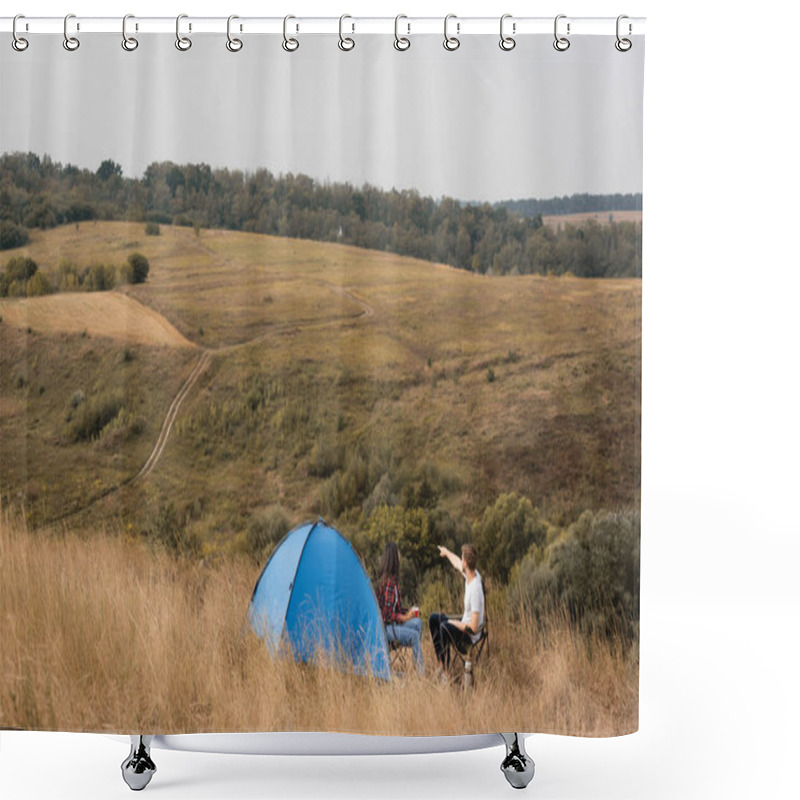 Personality  Man Pointing With Finger At Grassy Hills Near African American Girlfriend With Cup And Tent  Shower Curtains