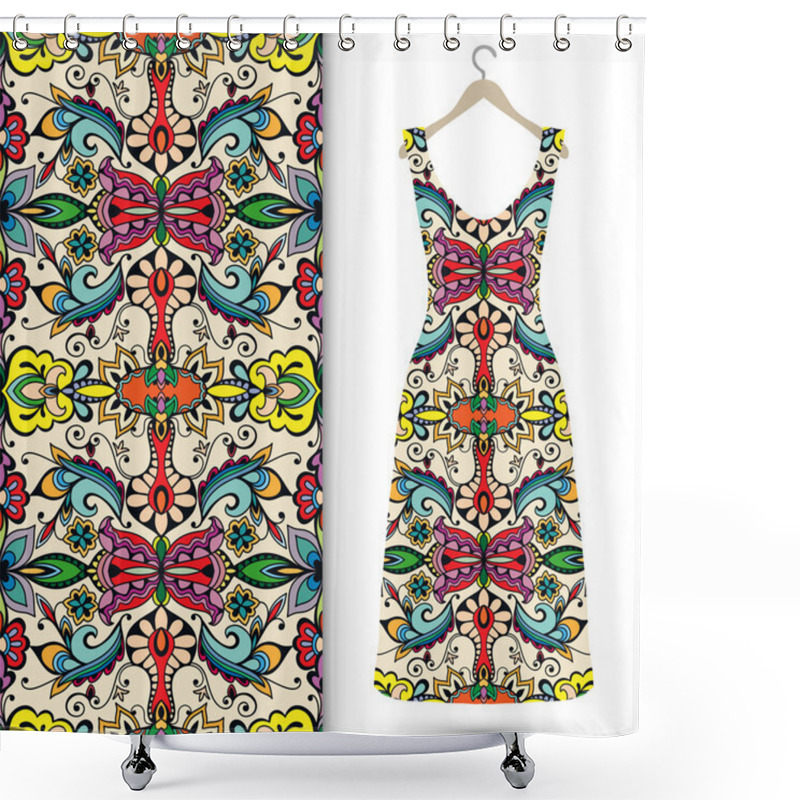 Personality  Seamless Floral Geometric Pattern, Womens Dress On A Hanger. Tribal Ethnic Ornament Fabric Texture Shower Curtains