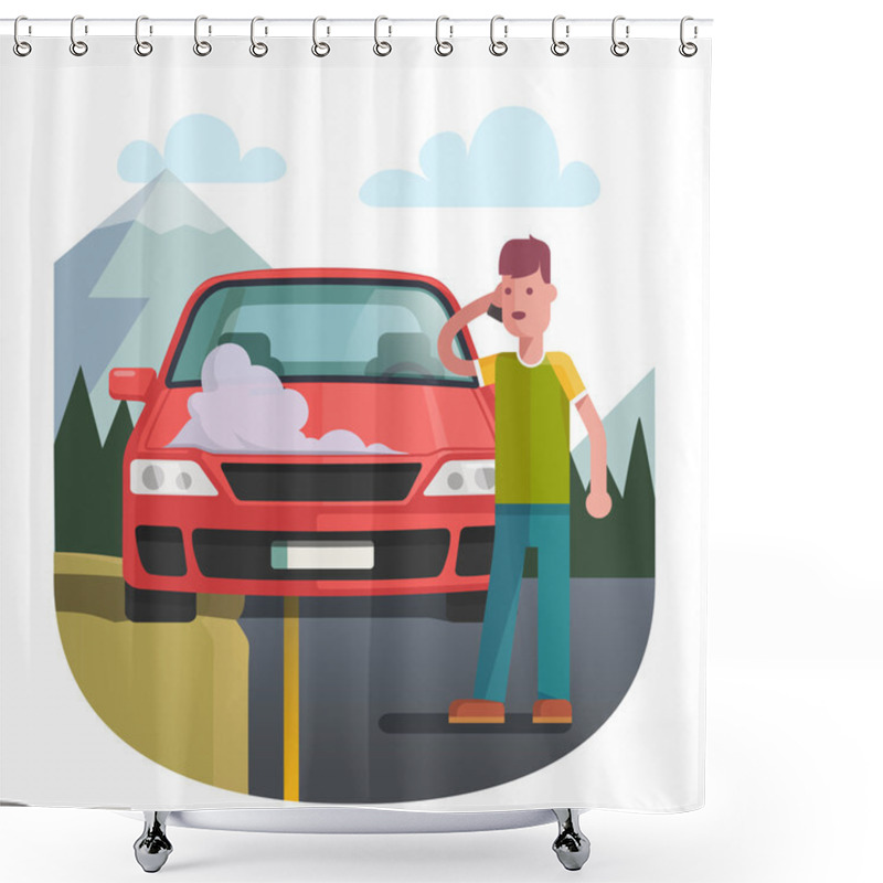 Personality  Man On A Roadside Standing Near Broken Car Shower Curtains