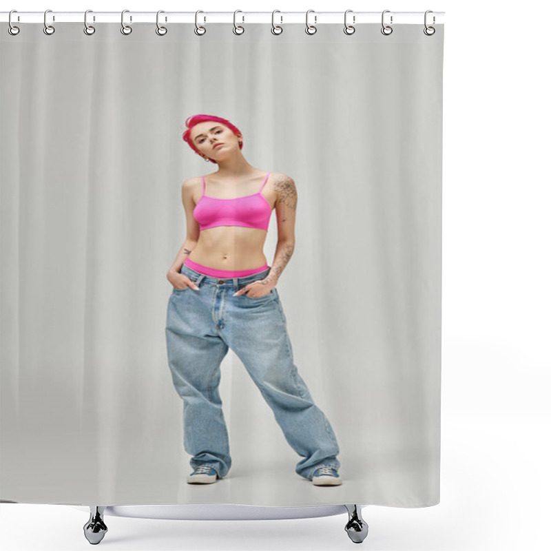 Personality  Alluring Woman With Short Pink Hair And Tattoos In Pink Crop Top And Jeans With Hands In Pockets Shower Curtains