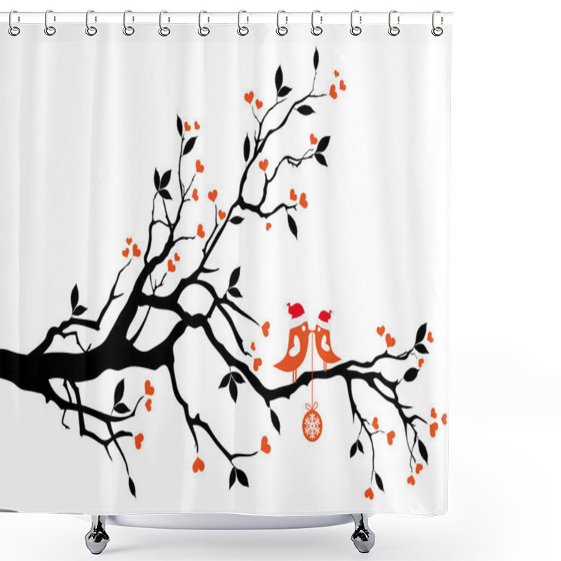 Personality  Santa Birds Kissing On A Tree, Vector Shower Curtains