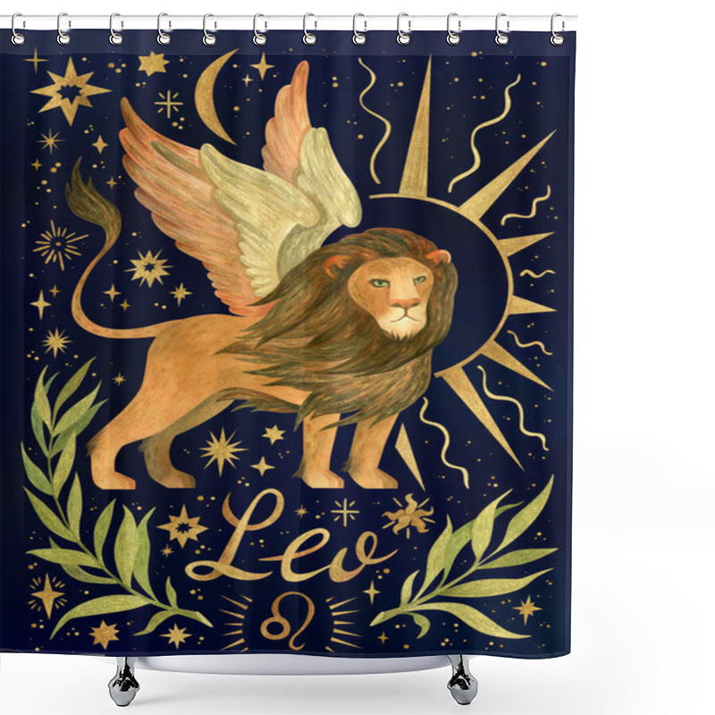 Personality  Leo Zodiac Sign, Astrology Posters. Vertical Printable Wall Art For Birthday Gifts. Large Size, Watercolor Clipart On Dark Celestial Background Shower Curtains