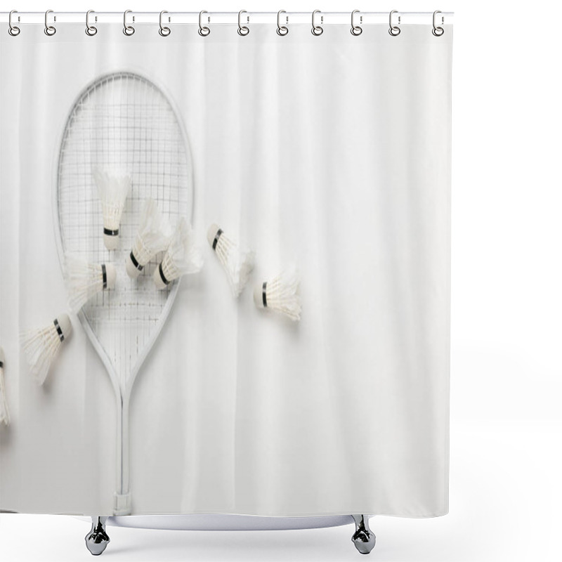 Personality  Top View Of White Badminton Racket And Shuttlecocks On White Background Shower Curtains