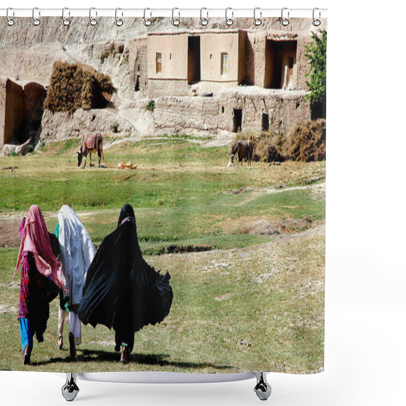 Personality  A Small Village Between Chaghcharan And The Minaret Of Jam, Ghor Province In Afghanistan. Three Young Women In Local Clothes Run Across A Field To Their Home In A Remote Part Of Central Afghanistan. Shower Curtains