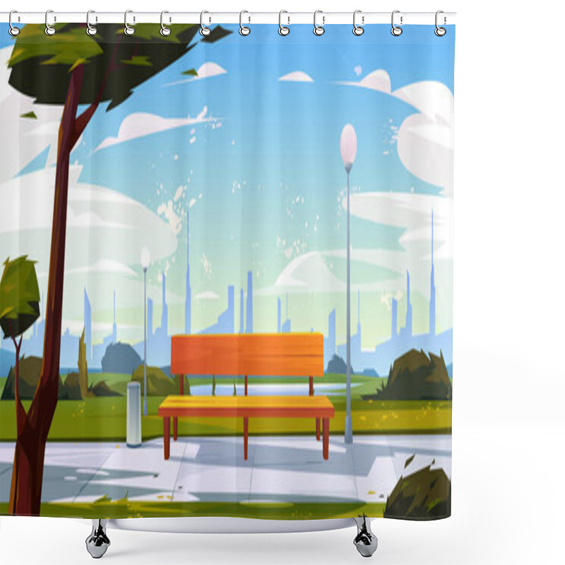 Personality  Bench In Park Summer Time Landscape With City View Shower Curtains