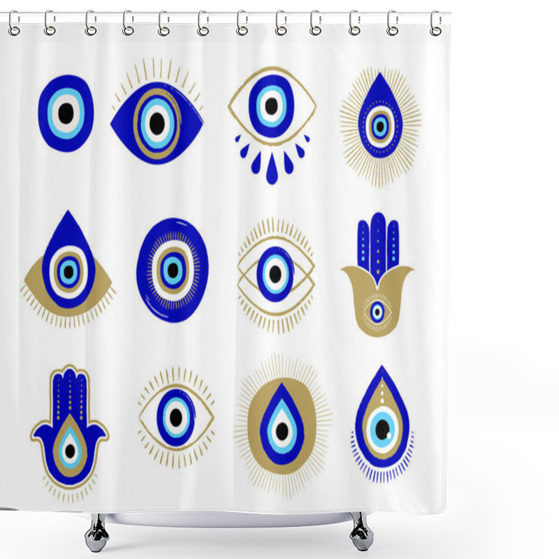 Personality  Evil Eye Or Turkish Eye Symbols And Icons Set. Modern Amulet Design And Home Decor Idea Shower Curtains