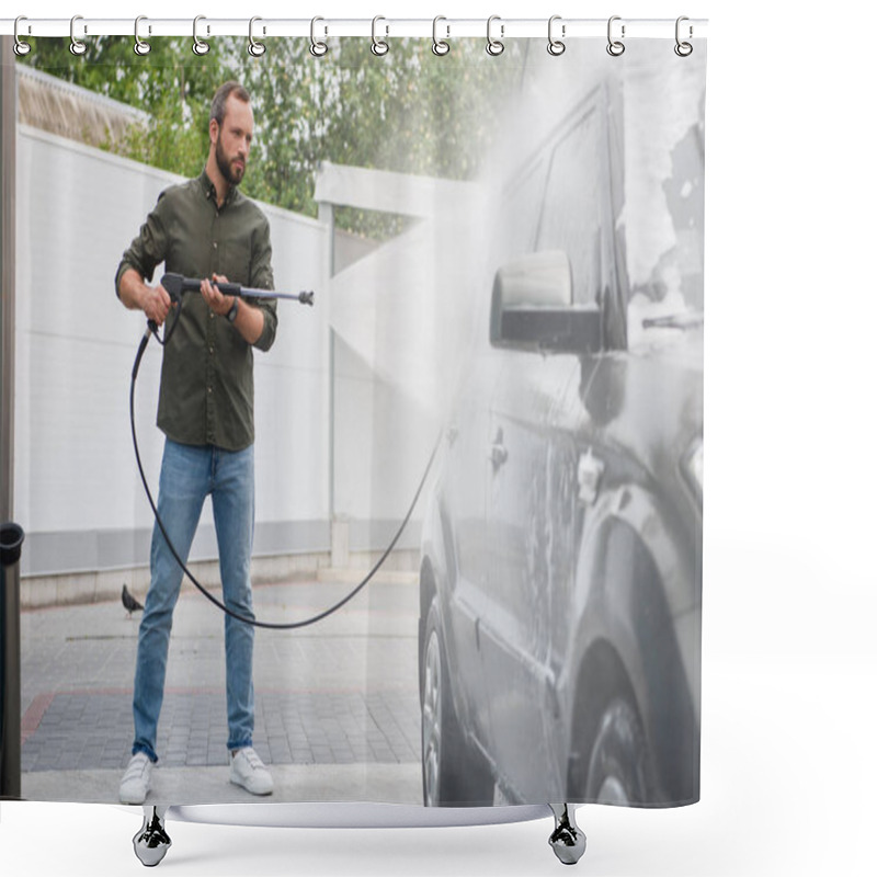 Personality  Side View Of Handsome Man Cleaning Car At Car Wash With High Pressure Water Jet Shower Curtains