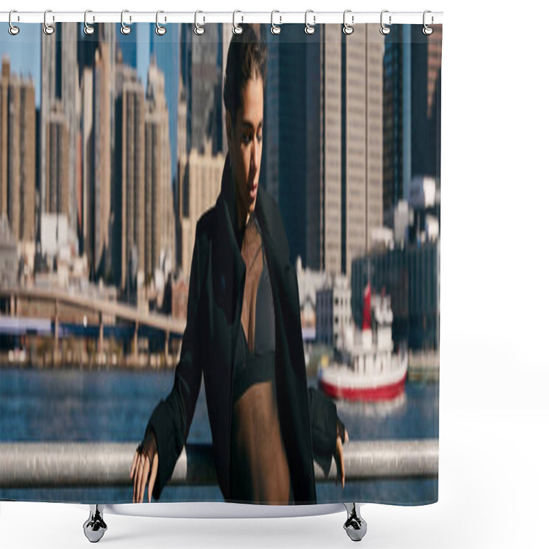 Personality  A Young Woman Poses Against The Backdrop Of New York Citys Skyline. Shower Curtains