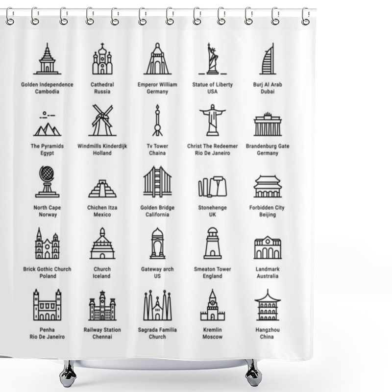 Personality  Simple Set Of World Monuments  Related Vector Line Icons. Editable - Vector Shower Curtains