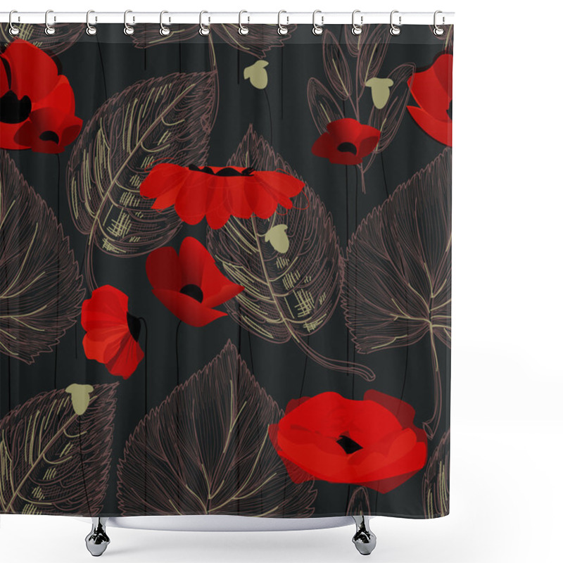 Personality  Poppy Flowers And Leaf Seamless Pattern Over Black  Shower Curtains