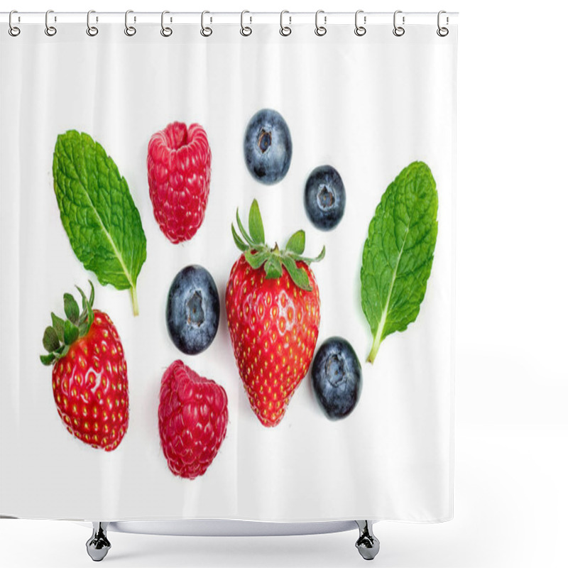 Personality  Fresh Berries, Raspberries, Blueberries And Mint Leaves Isolated On White Background, Macro, Flat Lay Shower Curtains