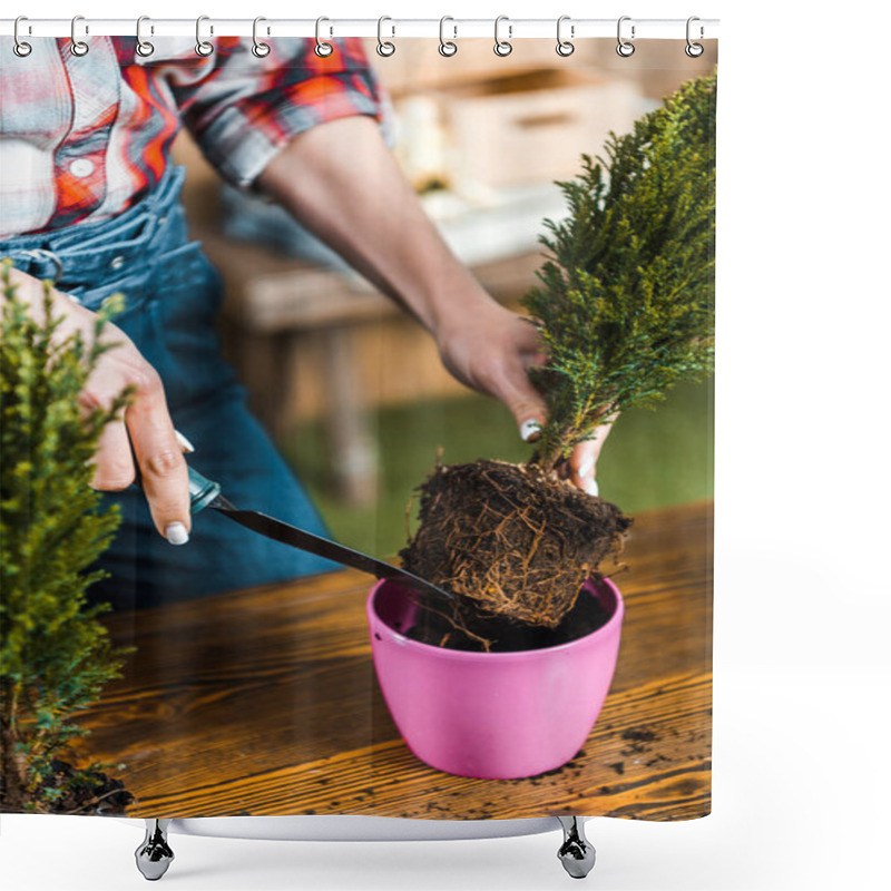 Personality  Cropped View Of Woman Holding Shovel While Transplanting Plant Into Pot  Shower Curtains