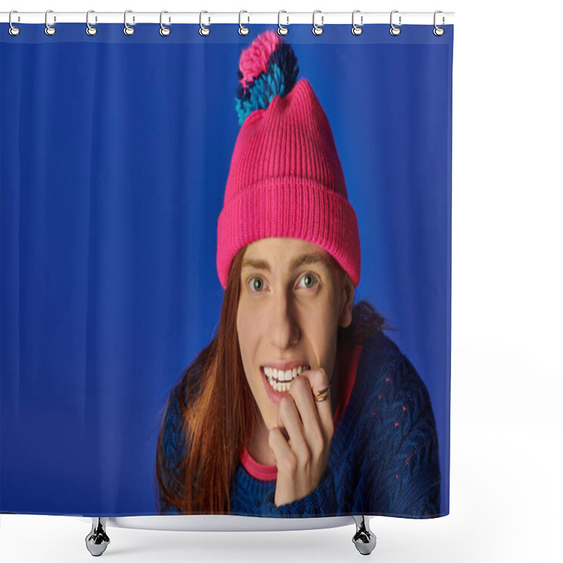 Personality  Young Man With Long Red Hair Smiles Warmly While Wearing A Colorful Winter Hat And Sweater. Shower Curtains