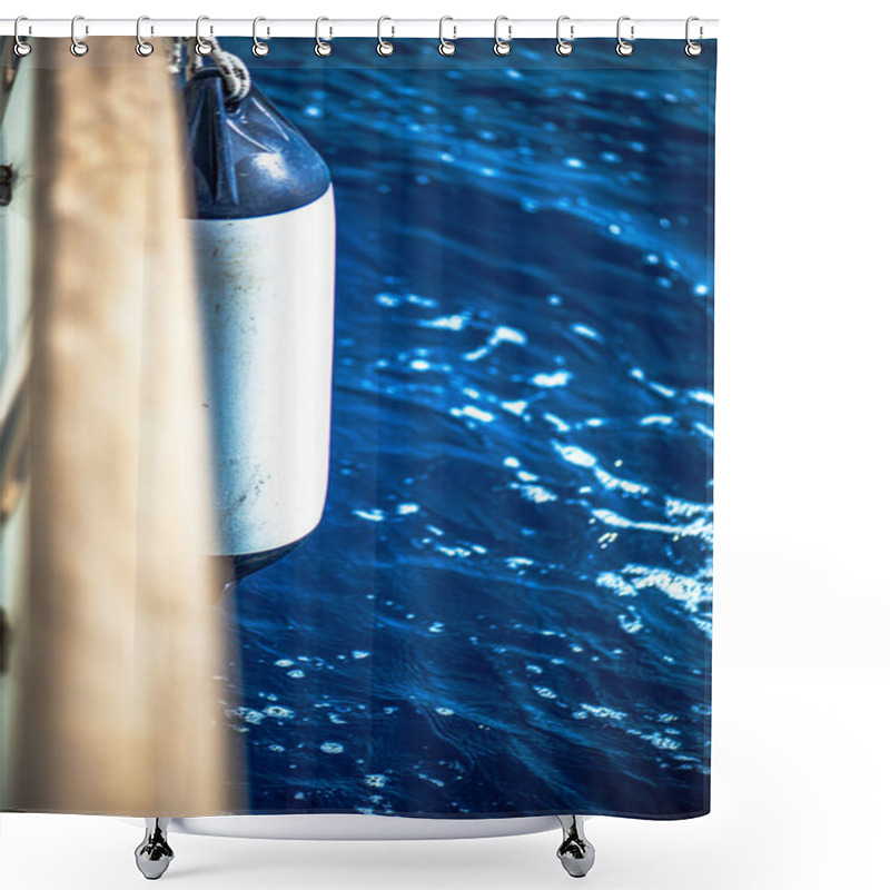 Personality  A Detailed View Of Essential Ship Components, Including A Sturdy Fender, Thick Ropes, And Various Nautical Elements Floating On The Sea, Capturing The Rugged Beauty Of Maritime Life. Shower Curtains