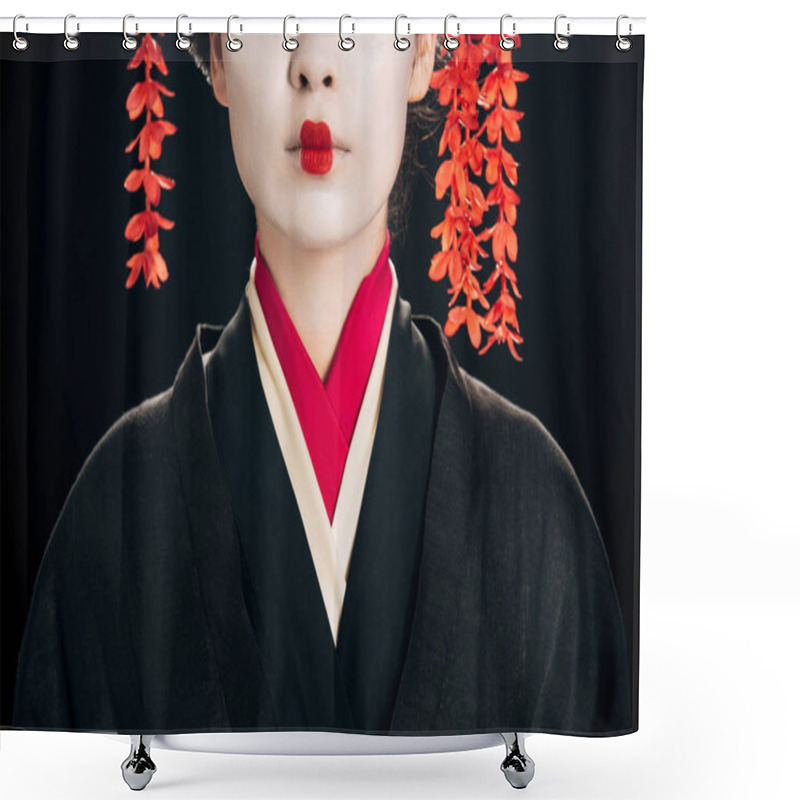 Personality  Partial View Of Beautiful Geisha In Black And Red Kimono Isolated On Black Shower Curtains