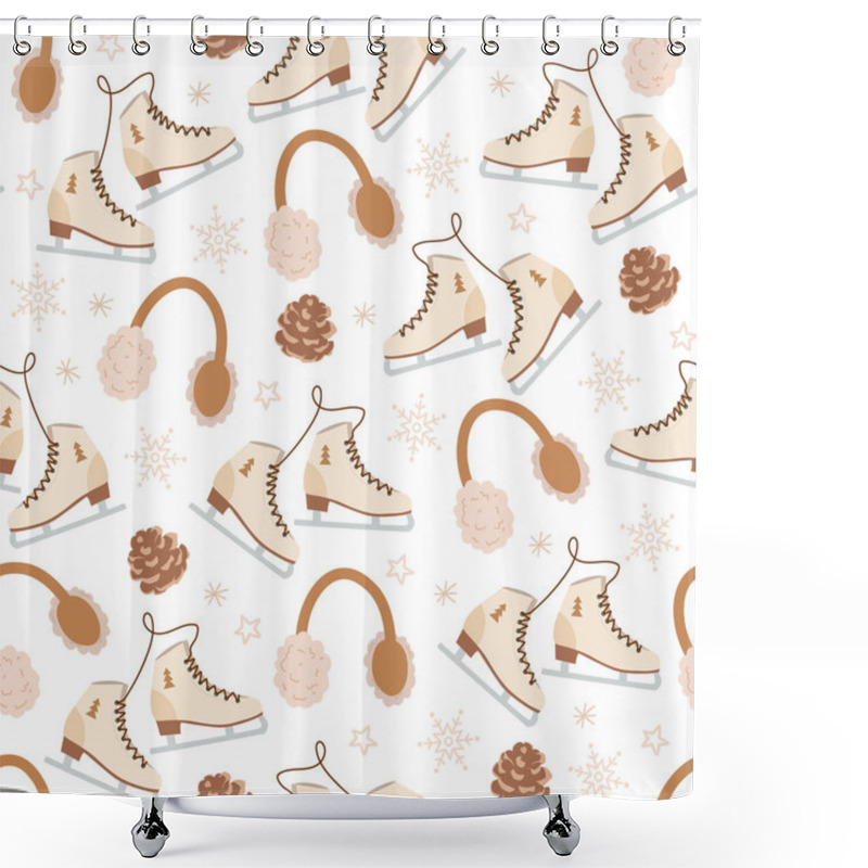 Personality  Vector Christmas Seamless Pattern With Ice Skates, Warm Headphones, Cones, Snowflakes And Another Decorative Elements. Shower Curtains