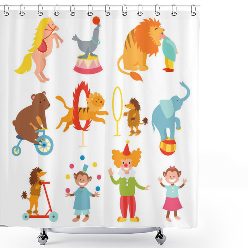 Personality  Cute Circus Animals And Funny Clowns Collection Vector Illustration. Shower Curtains