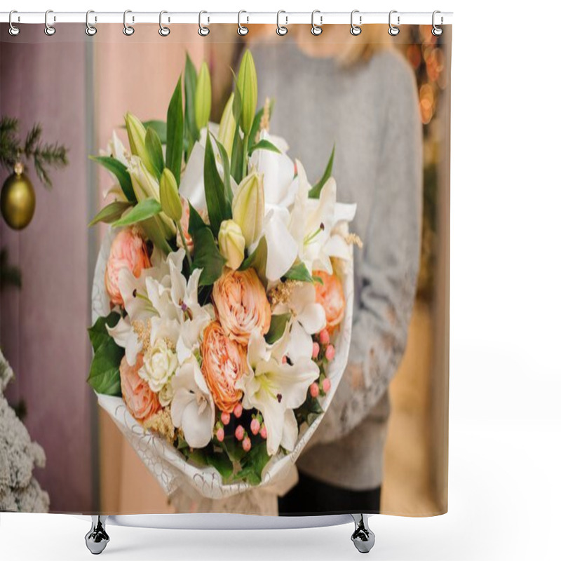 Personality  Female Holds A Bouquet Lilies, Orchids, Pion-shaped Roses In White Wrapping Paper Shower Curtains