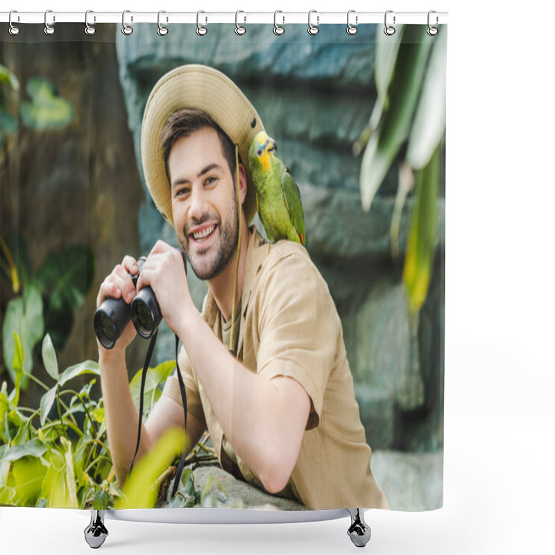 Personality  Handsome Young Man With Parrot On Shoulder And Binoculars Looking At Camera Shower Curtains