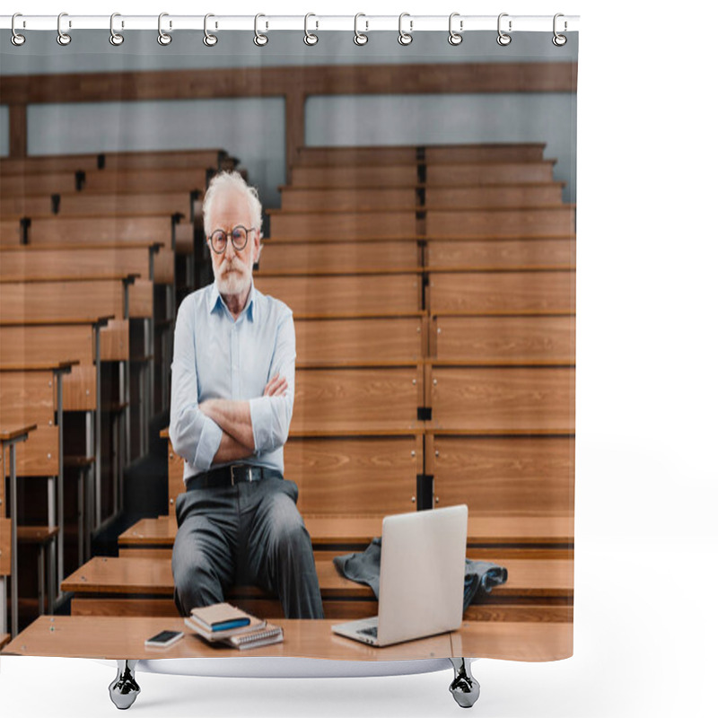 Personality  Grey Hair Professor Sitting In Empty Lecture Room With Crossed Arms Shower Curtains