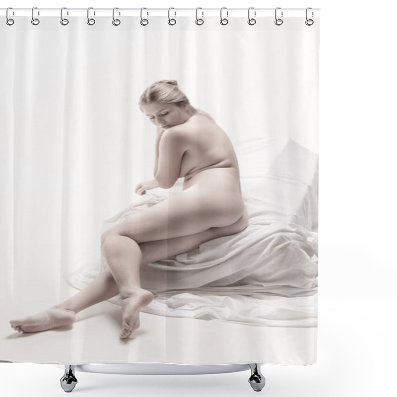 Personality  Portrait Of Tender Young Woman Posing On Veil Isolated Over White Background Shower Curtains