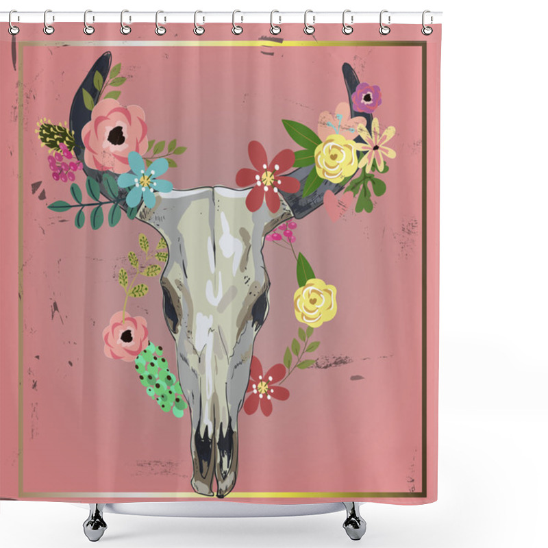 Personality  Bull Skull With Flowers Shower Curtains