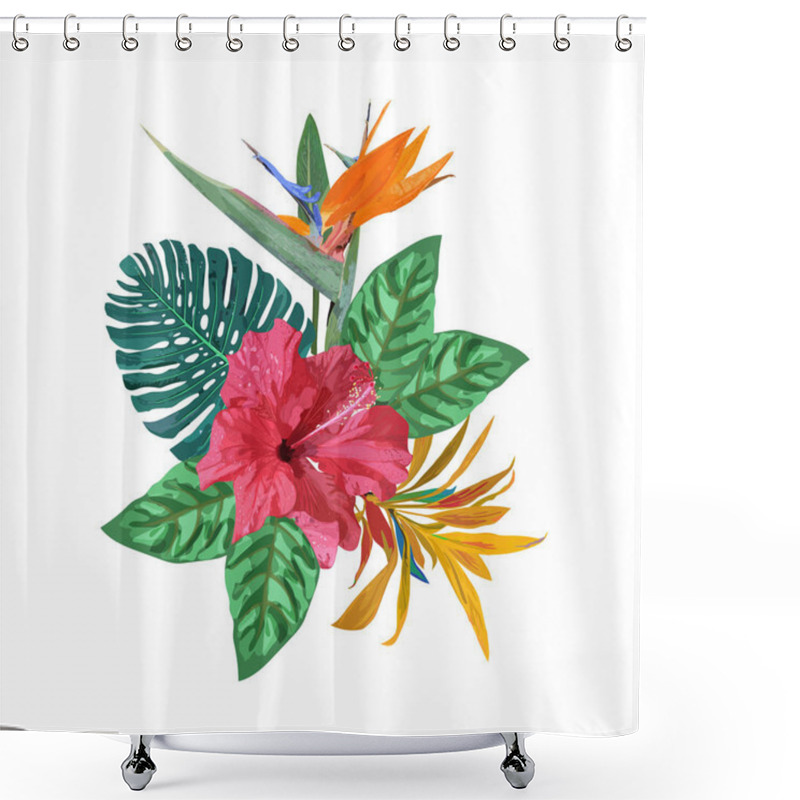 Personality  Bouquet With Tropical Plants. Set With Palm Leaves, Red  Hibiscu Shower Curtains