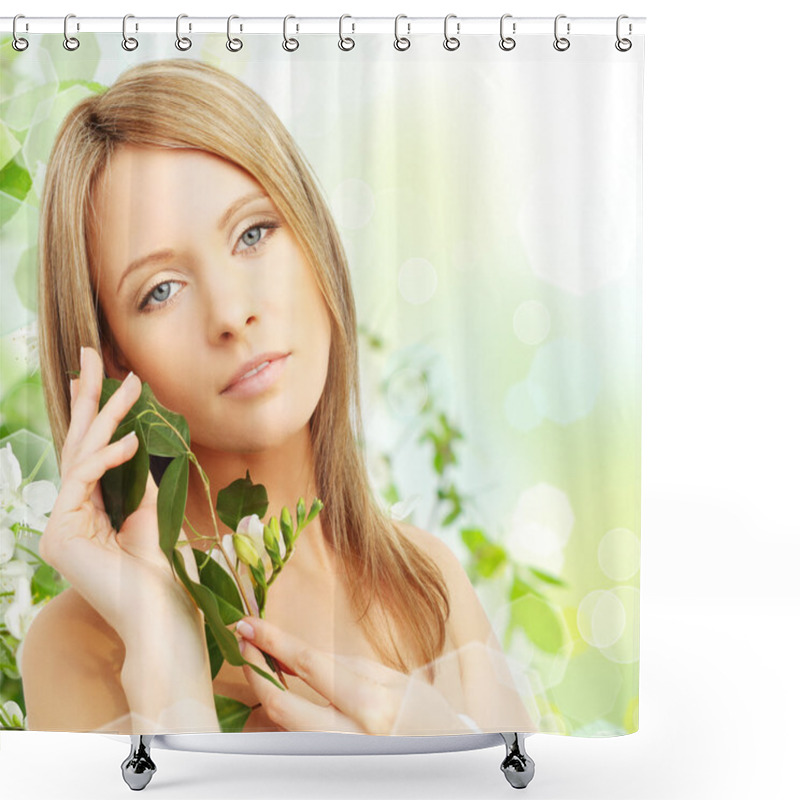 Personality  Beautiful Young Woman With Spring Blossom Shower Curtains