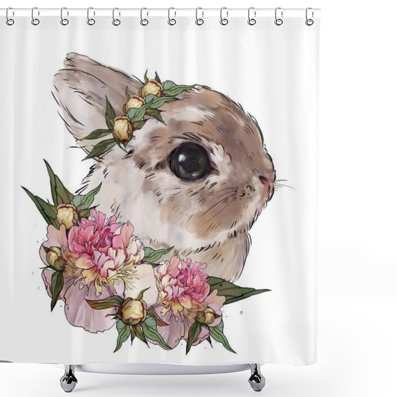 Personality  Rabbit With Pink Poppy Flowers, Cute Children's Illustration, Best T-shirt Print, Animal Print With Peonies. Rabbit On A White Background Shower Curtains