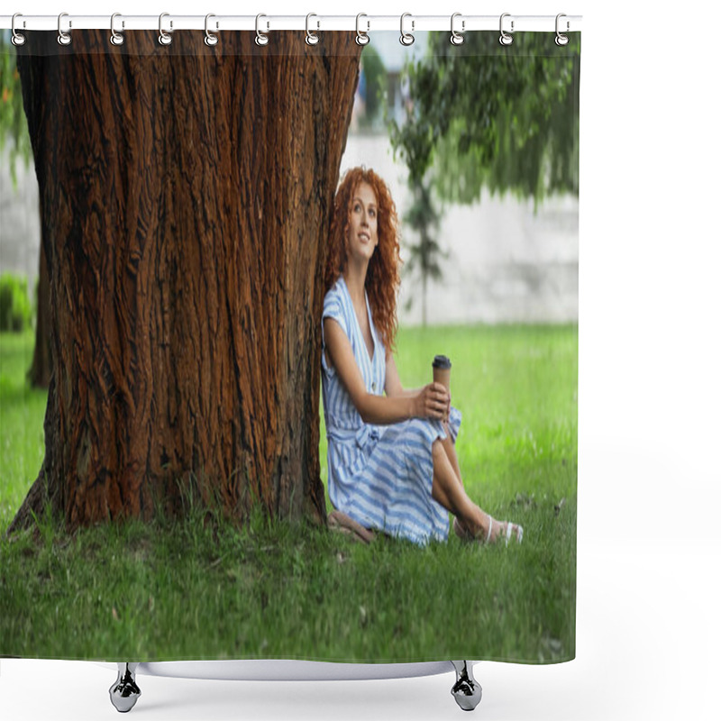 Personality  Curly Redhead Woman In Blue Striped Dress Sitting Under Tree Trunk With Paper Cup Shower Curtains