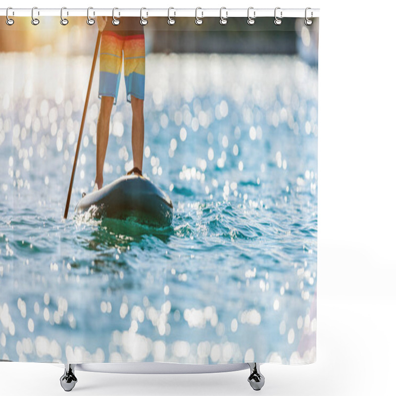 Personality  Detail Of Young Man Standing On Paddleboard. Paddleboarding Is The Modern Way Of Transportation And Water Activity Sport. Shower Curtains